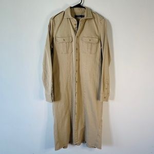 Vintage Polo Ralph Lauren Blue Label Long Button Down Khaki Trench Jacket Sz 14